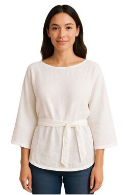 Talbots 100% Linen Dolman Sleeve Boatneck Tie Waist Blouse Size 10 White